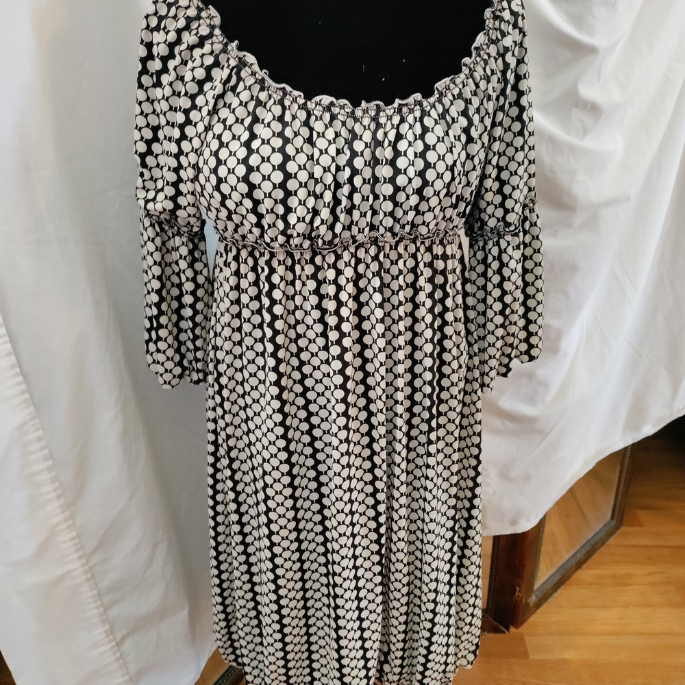 Max Studio Elegant Black and White Polka Dot Dress, With Bell Sleeve.